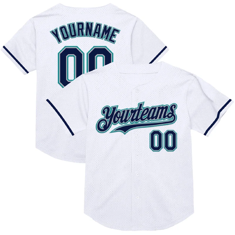 Baseball Jersey for Comfortable Design and Fit-Custom White Navy Gray-Teal Mesh Authentic Throwback Baseball Jersey