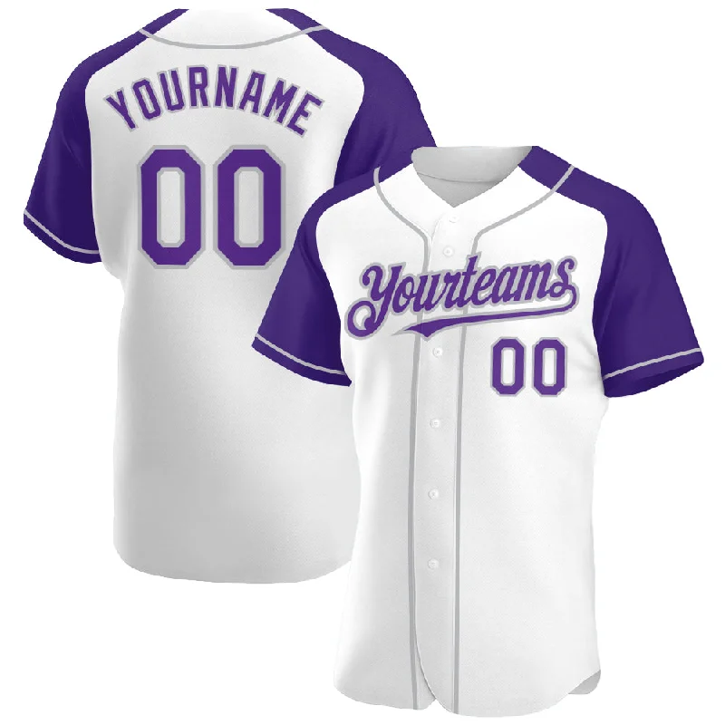 Baseball Jersey for All Seasons-Custom White Purple-Gray Authentic Raglan Sleeves Baseball Jersey