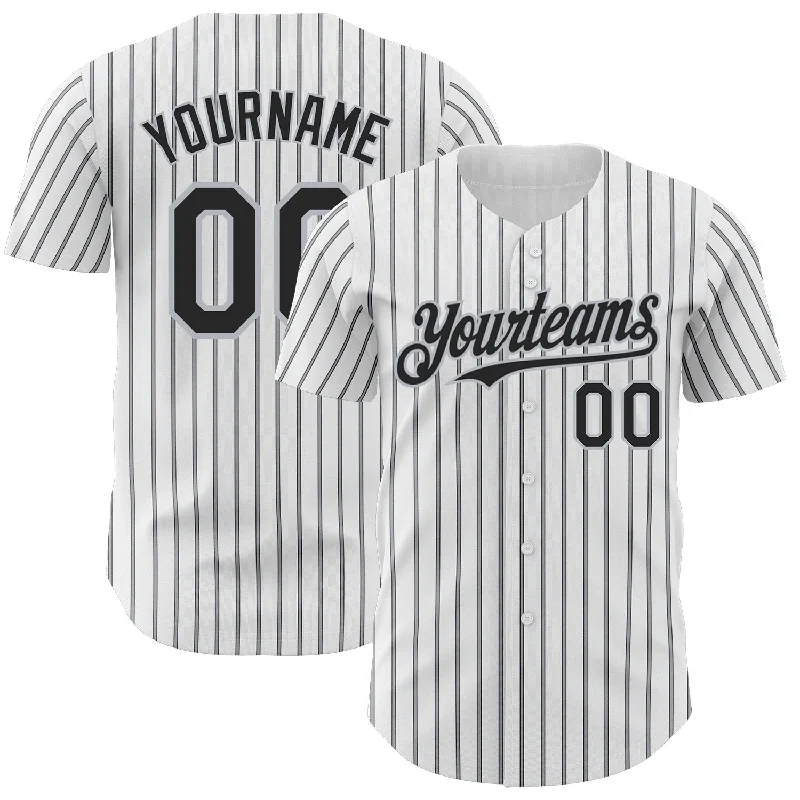 Baseball Jersey for Flexibility and Support During Play-Custom White (Black Gray Pinstripe) Black-Gray Authentic Baseball Jersey