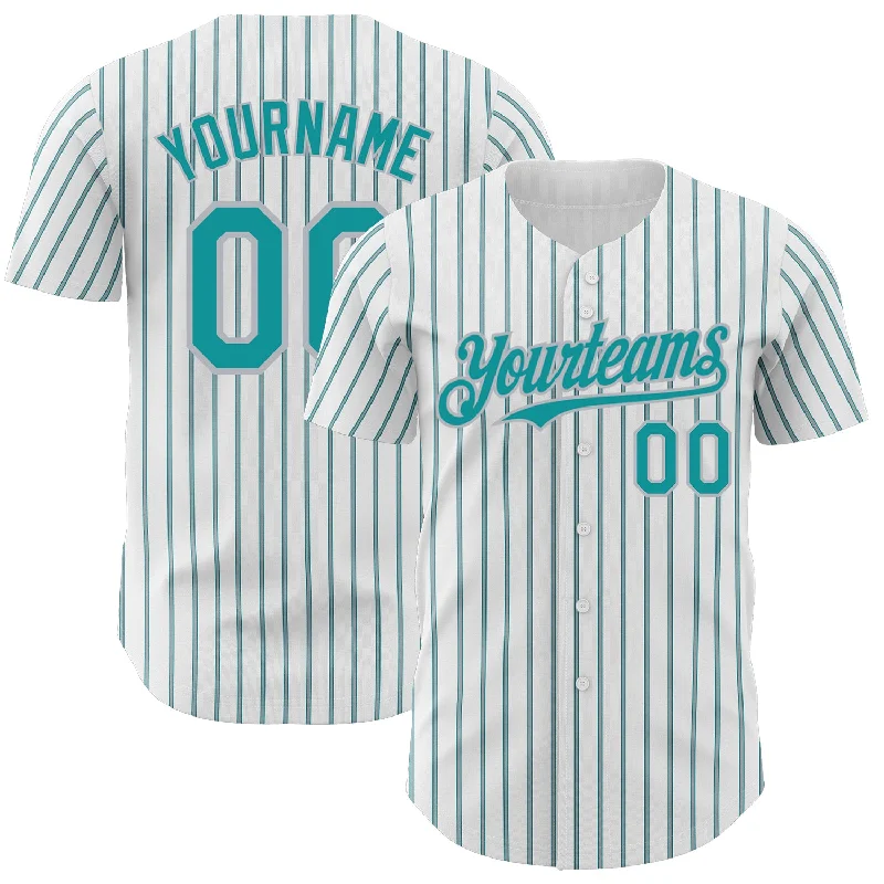 Baseball Jersey for Game Day Comfort-Custom White (Teal Gray Pinstripe) Teal-Gray Authentic Baseball Jersey