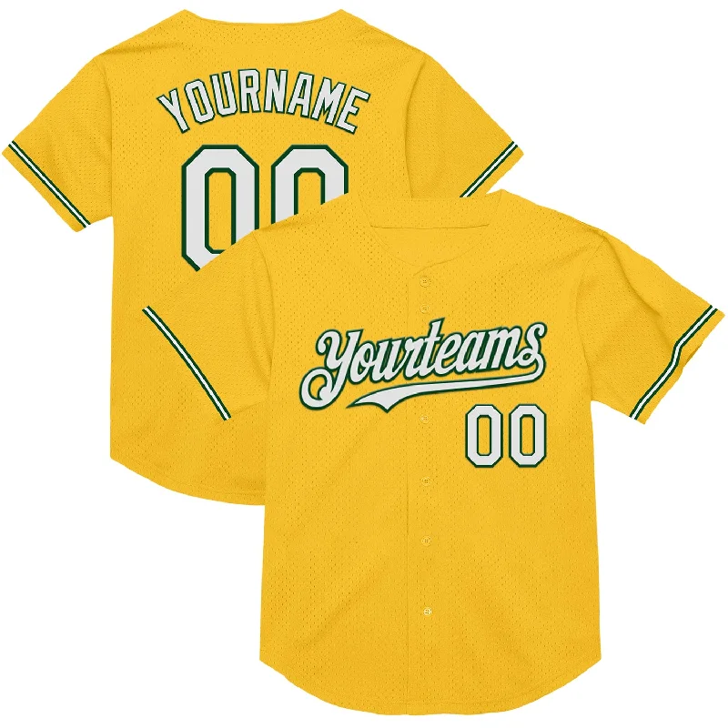 Baseball Jersey for Perfect Fit and Maximum Performance-Custom Gold White-Green Mesh Authentic Throwback Baseball Jersey