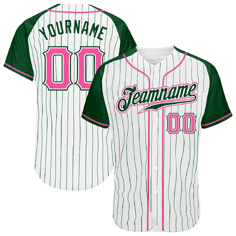 Baseball Jersey for Softball and Baseball Players-Custom White Green Pinstripe Pink-Green Authentic Raglan Sleeves Baseball Jersey