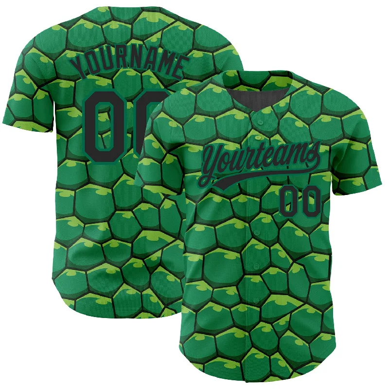 Baseball Jersey for Comfortable, Cool Performance-Custom Kelly Green Black 3D Pattern Design Turtle Shell Authentic Baseball Jersey