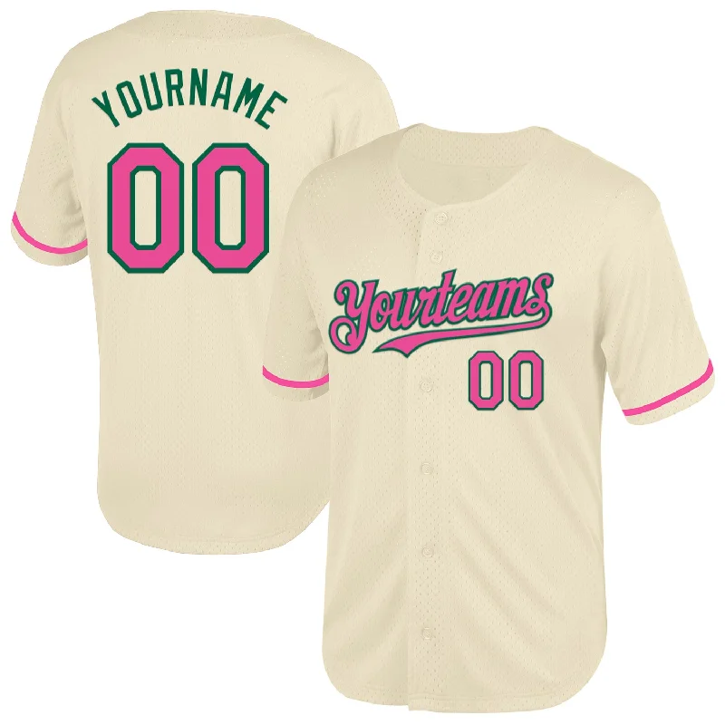 Baseball Jersey for Lightweight Play-Custom Cream Pink-Kelly Green Mesh Authentic Throwback Baseball Jersey