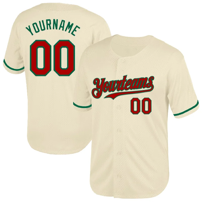 Baseball Jersey for Maximum Flexibility During Batting-Custom Cream Red-Kelly Green Mesh Authentic Throwback Baseball Jersey