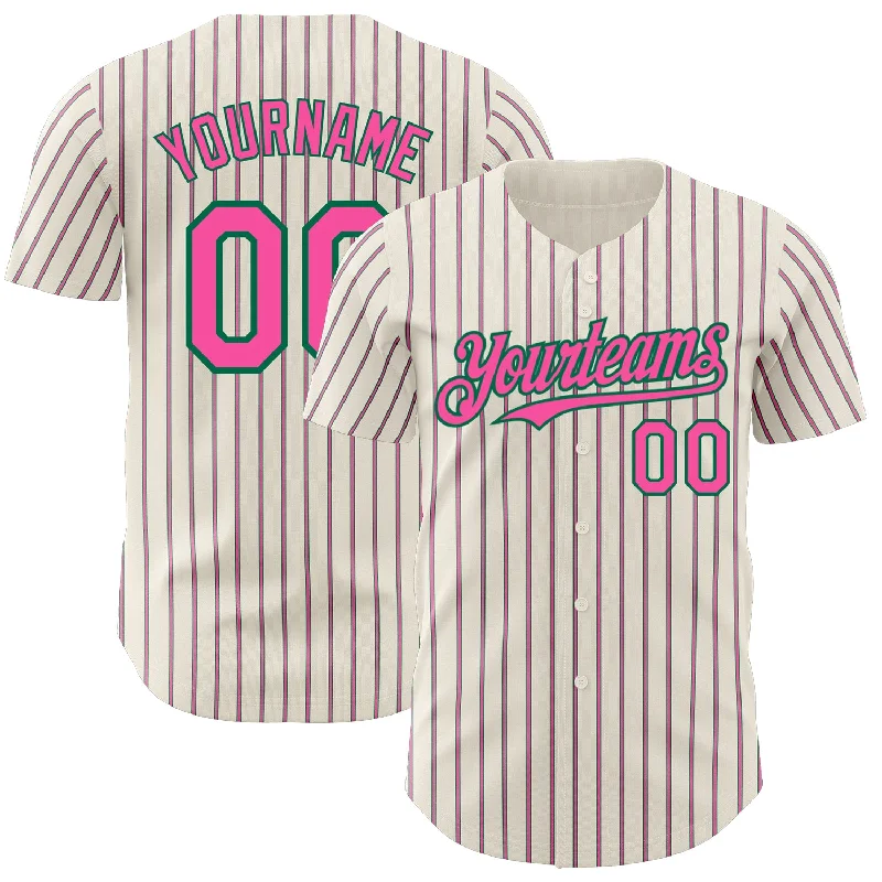 Baseball Jersey for Fast-Drying Fabric-Custom Cream (Kelly Green Pink Pinstripe) Pink-Kelly Green Authentic Baseball Jersey