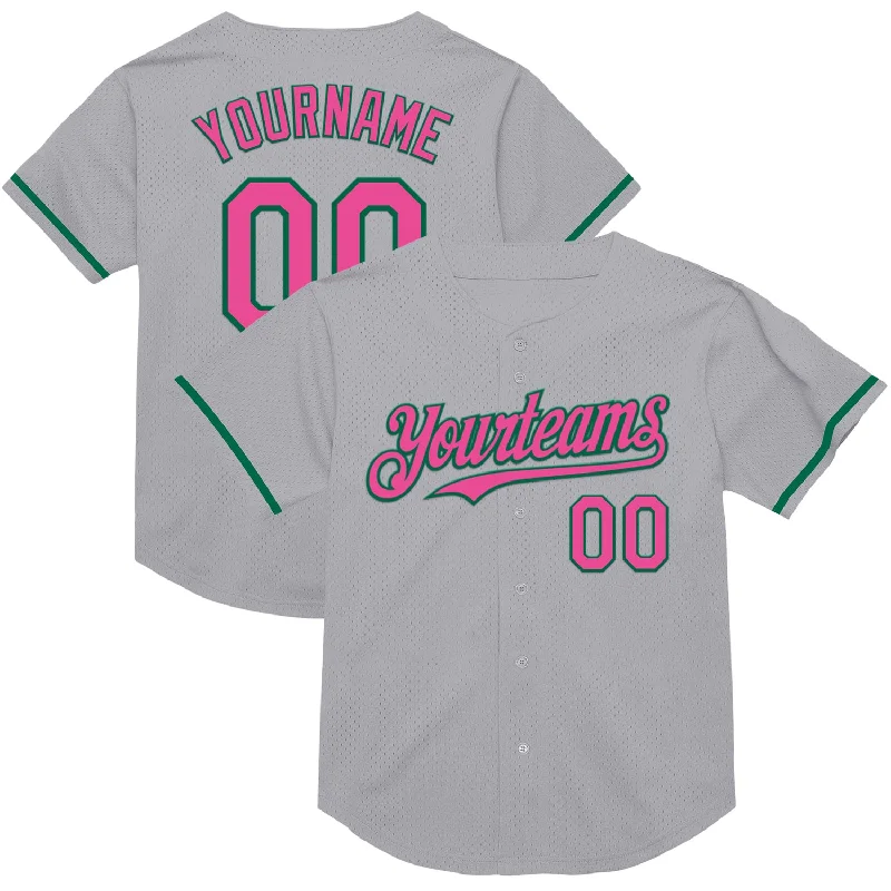 Baseball Jersey for Comfortable Fit-Custom Gray Pink-Kelly Green Mesh Authentic Throwback Baseball Jersey