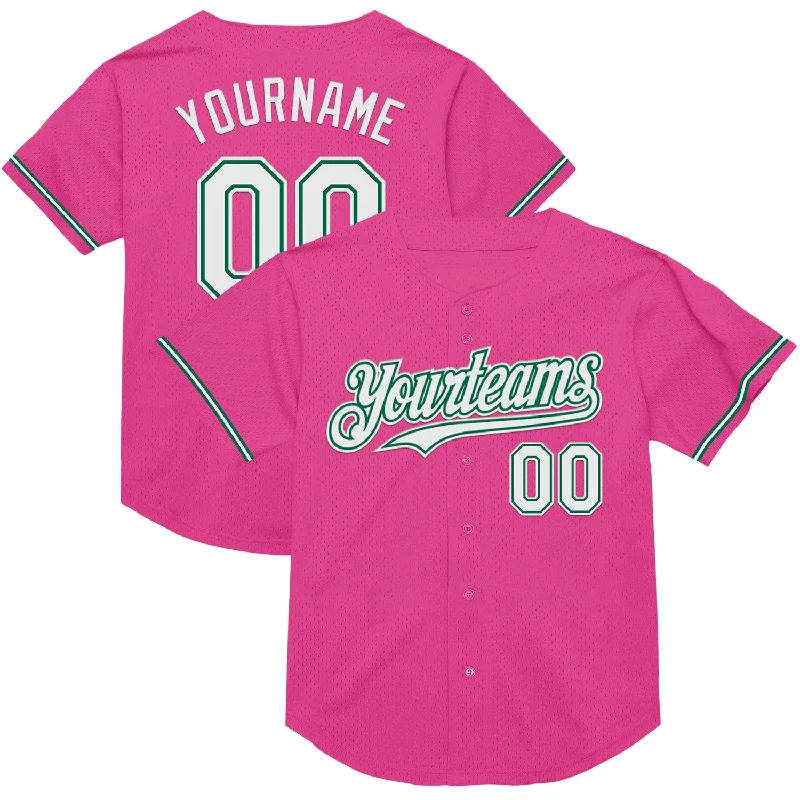 Baseball Jersey with Customizable Features for Teams-Custom Pink White-Kelly Green Mesh Authentic Throwback Baseball Jersey