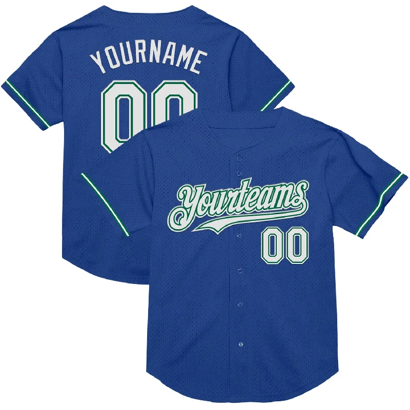 Baseball Jersey for Professional Use and Casual Wear-Custom Royal White-Kelly Green Mesh Authentic Throwback Baseball Jersey