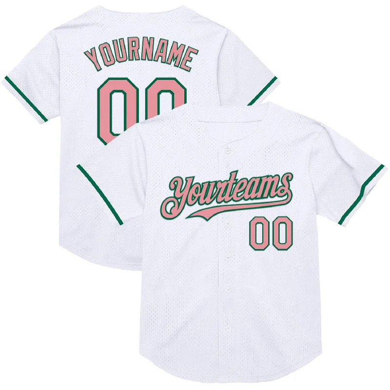 Baseball Jersey for Easy Flexibility and Motion-Custom White Medium Pink-Kelly Green Mesh Authentic Throwback Baseball Jersey