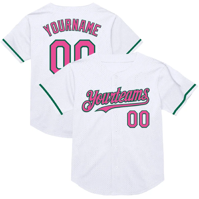 Baseball Jersey for Soft, Comfortable Play-Custom White Pink-Kelly Green Mesh Authentic Throwback Baseball Jersey