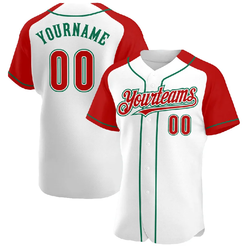 Baseball Jersey with Stretch for Better Fit-Custom White Red-Kelly Green Authentic Raglan Sleeves Baseball Jersey