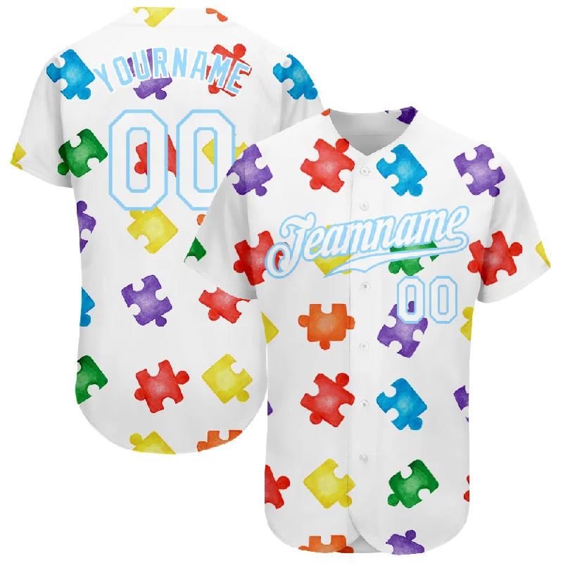 Baseball Jersey for Comfortable Play During Training-Custom Autism Awareness Puzzle Pieces White-Light Blue 3D Authentic Baseball Jersey