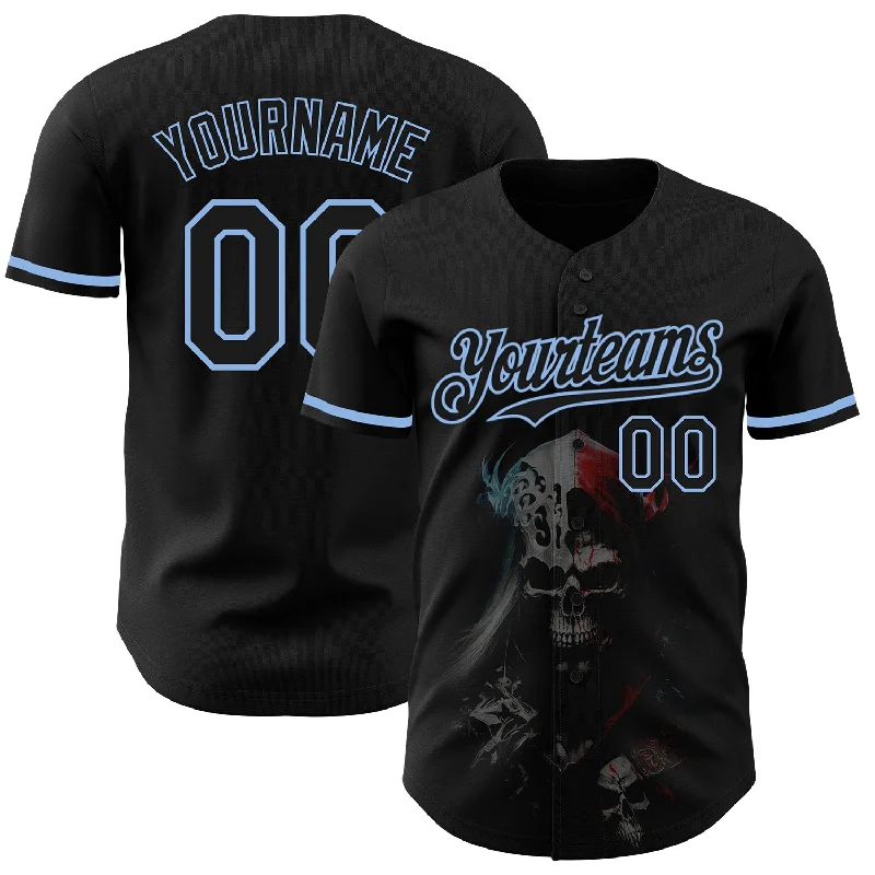 Baseball Jersey for Maximum Performance and Protection-Custom Black Light Blue 3D Skull Fashion Authentic Baseball Jersey