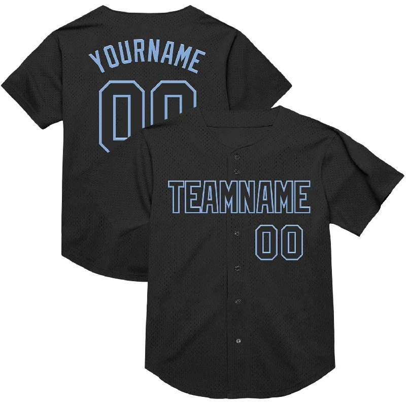 Baseball Jersey with Reinforced Seams for Extra Durability-Custom Black Light Blue Mesh Authentic Throwback Baseball Jersey