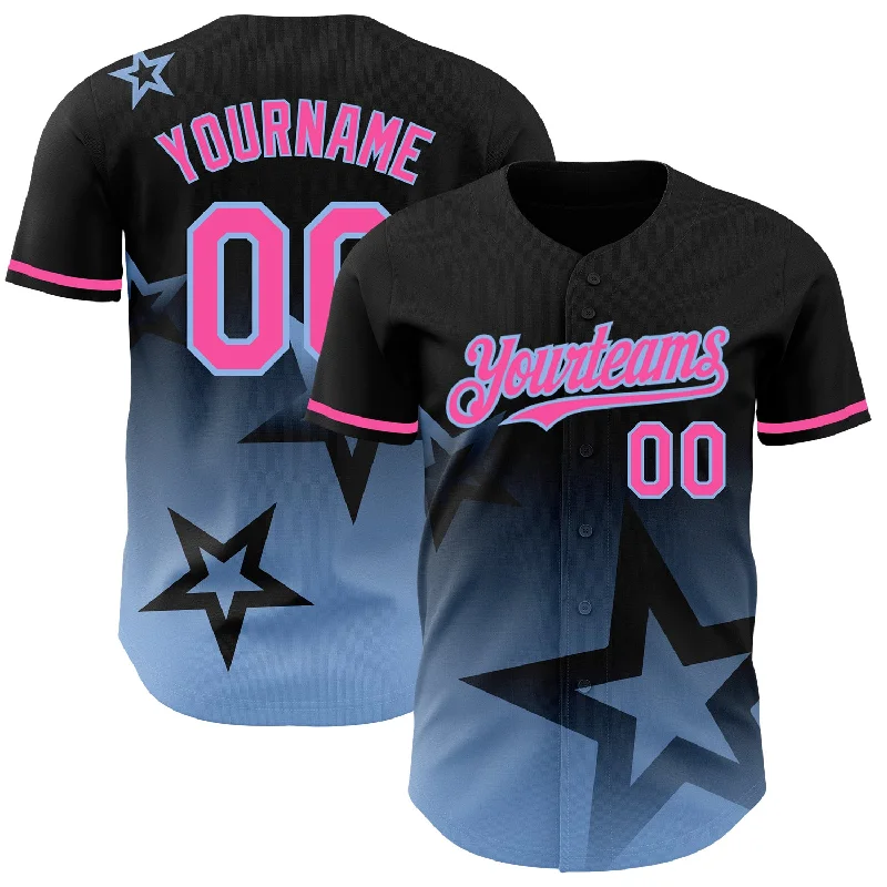 Baseball Jersey for Consistent Performance in All Conditions-Custom Black Pink-Light Blue 3D Pattern Design Gradient Style Twinkle Star Authentic Baseball Jersey