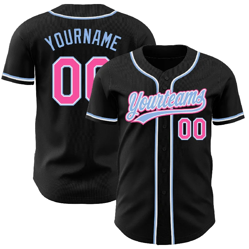 Baseball Jersey for Maximum Comfort in Hot Weather-Custom Black Pink-Light Blue Authentic Baseball Jersey