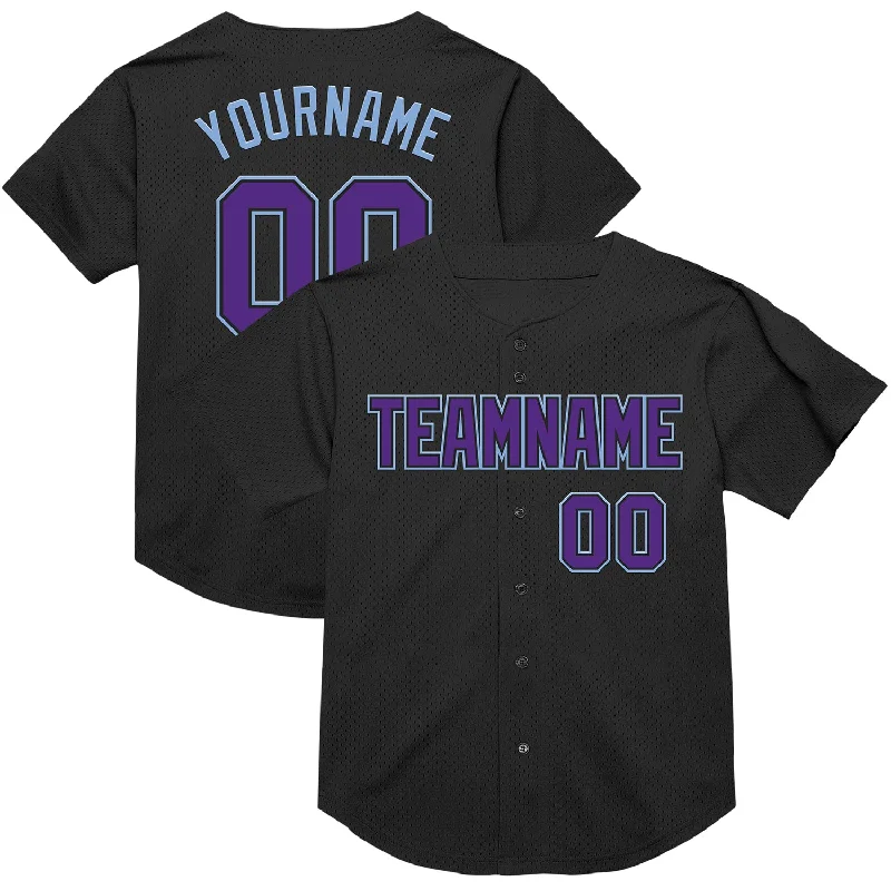 Baseball Jersey for Quick-Drying and Comfortable Play-Custom Black Purple-Light Blue Mesh Authentic Throwback Baseball Jersey