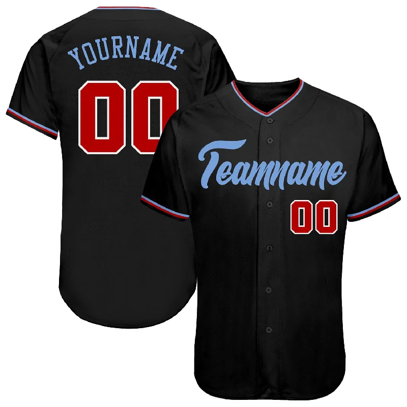 Baseball Jersey for Professional-Quality Fabric and Design-Custom Black Red-Light Blue Authentic Baseball Jersey