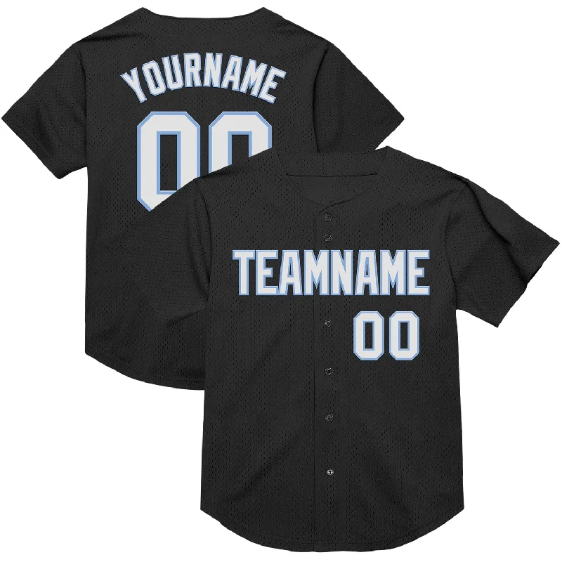 Baseball Jersey for Comfortable Design and Excellent Mobility-Custom Black White-Light Blue Mesh Authentic Throwback Baseball Jersey