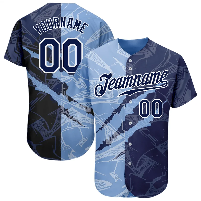 Baseball Jersey for Comfortable Swinging-Custom Graffiti Pattern Navy-Light Blue 3D Scratch Authentic Baseball Jersey