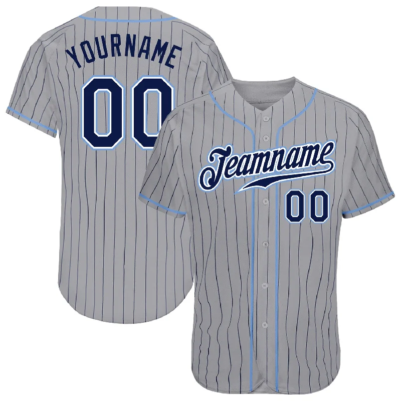 Baseball Jersey for Professional Use and Casual Wear-Custom Gray Navy Pinstripe Navy-Light Blue Authentic Baseball Jersey