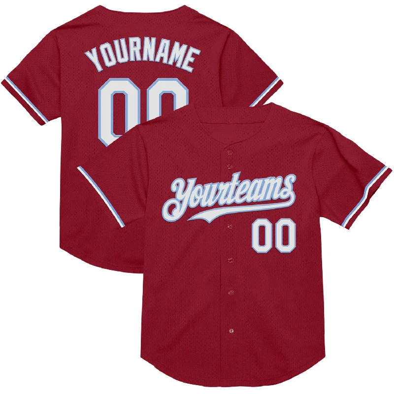 Baseball Jersey for Comfort in Every Game-Custom Maroon White-Light Blue Mesh Authentic Throwback Baseball Jersey