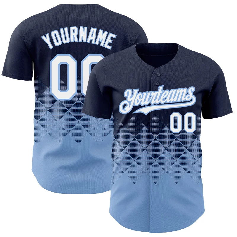 Baseball Jersey for Comfortable Play All Day-Custom Navy White-Light Blue 3D Pattern Design Gradient Square Shapes Authentic Baseball Jersey