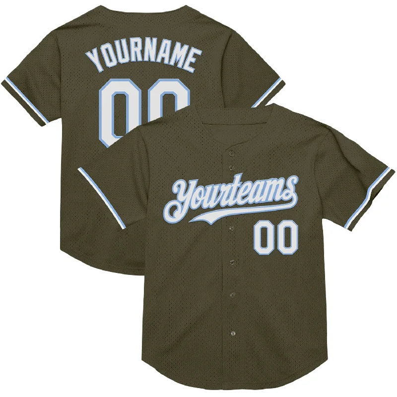 Baseball Jersey for Perfect Fit and Performance-Custom Olive White-Light Blue Mesh Authentic Throwback Salute To Service Baseball Jersey