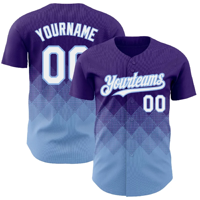 Baseball Jersey for Fast-Paced Games-Custom Purple White-Light Blue 3D Pattern Design Gradient Square Shapes Authentic Baseball Jersey