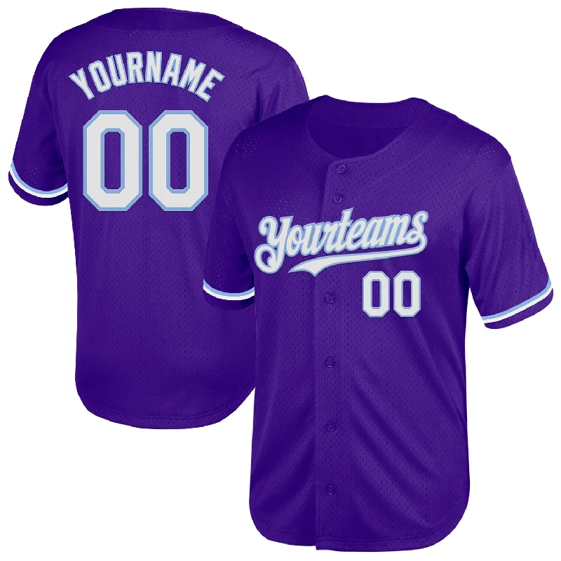 Baseball Jersey for Easy Care and Durability-Custom Purple White-Light Blue Mesh Authentic Throwback Baseball Jersey