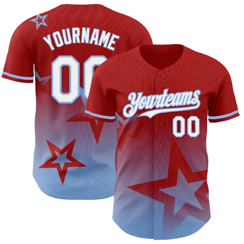 Baseball Jersey for Comfortable Play During Training-Custom Red White-Light Blue 3D Pattern Design Gradient Style Twinkle Star Authentic Baseball Jersey