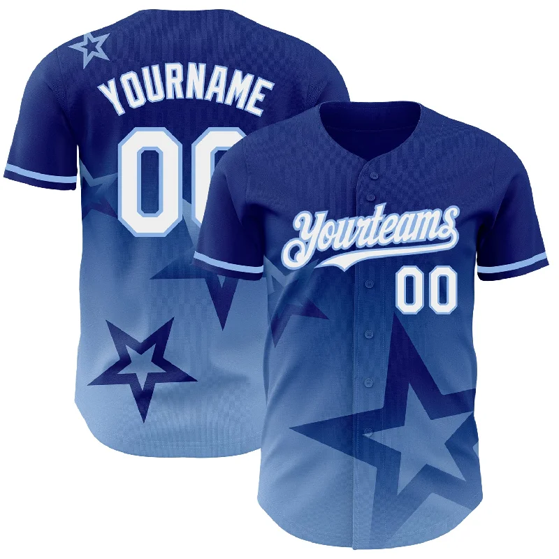 Baseball Jersey for Great Swing Freedom and Movement-Custom Royal White-Light Blue 3D Pattern Design Gradient Style Twinkle Star Authentic Baseball Jersey