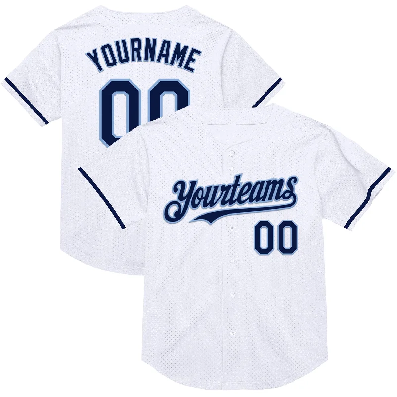 Baseball Jersey for Ultimate Performance in Any Game-Custom White Navy-Light Blue Mesh Authentic Throwback Baseball Jersey