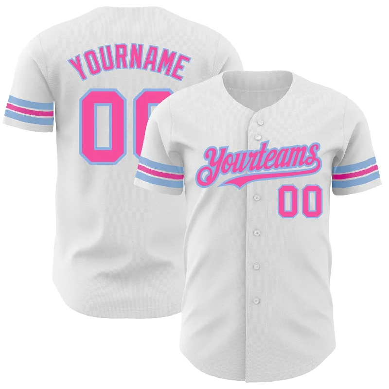 Baseball Jersey for Warm Weather and Summer Play-Custom White Pink-Light Blue Authentic Baseball Jersey