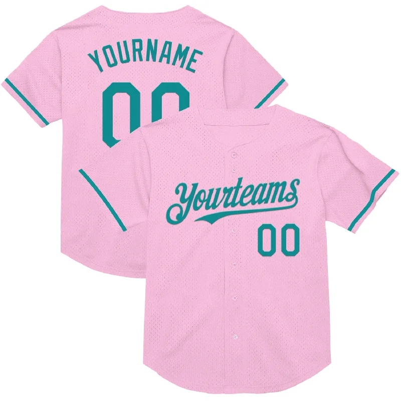 Baseball Jersey with Stretch for Better Fit-Custom Light Pink Teal Mesh Authentic Throwback Baseball Jersey