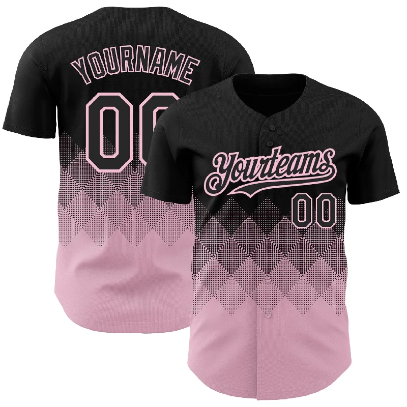 Baseball Jersey with Stretch Panels for Flexibility-Custom Black Light Pink 3D Pattern Design Gradient Square Shapes Authentic Baseball Jersey