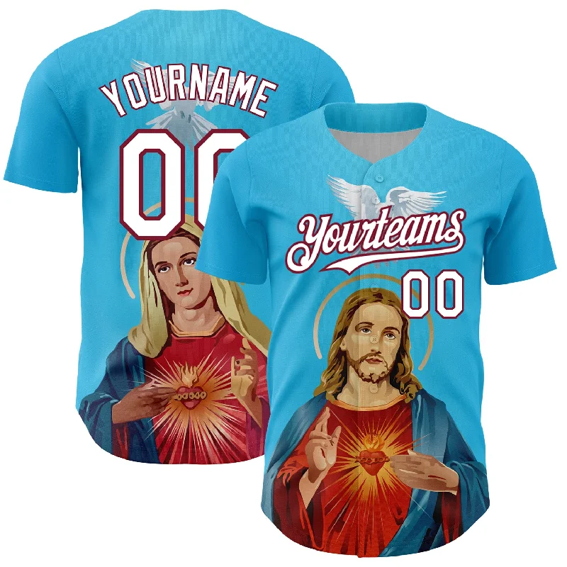 Baseball Jersey for Performance and Endurance-Custom Sky Blue White-Maroon 3D Pattern Design Religion Jesus Christ And Virgin Mary Authentic Baseball Jersey