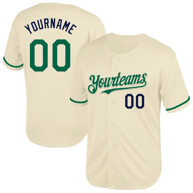 Baseball Jersey for Comfortable Swing and Batting Performance-Custom Cream Kelly Green-Navy Mesh Authentic Throwback Baseball Jersey