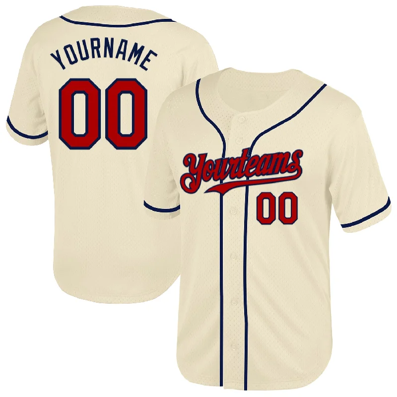 Baseball Jersey with Extra Durability for Rigorous Play-Custom Cream Red-Navy Mesh Authentic Throwback Baseball Jersey