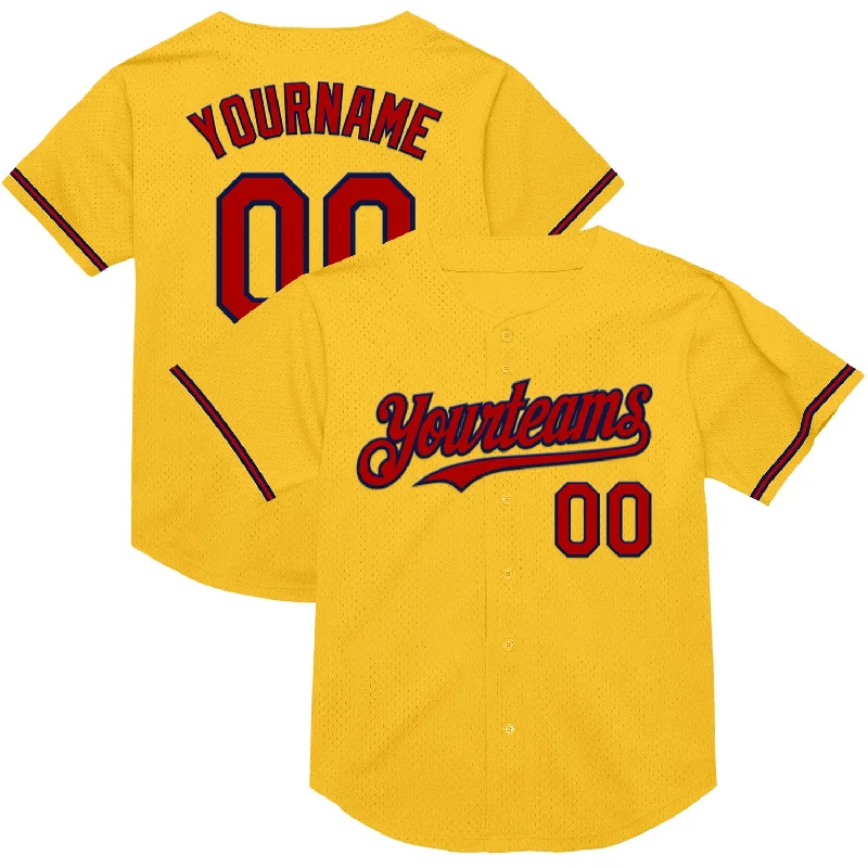 Baseball Jersey for Athletic Fit and Style-Custom Gold Red-Navy Mesh Authentic Throwback Baseball Jersey