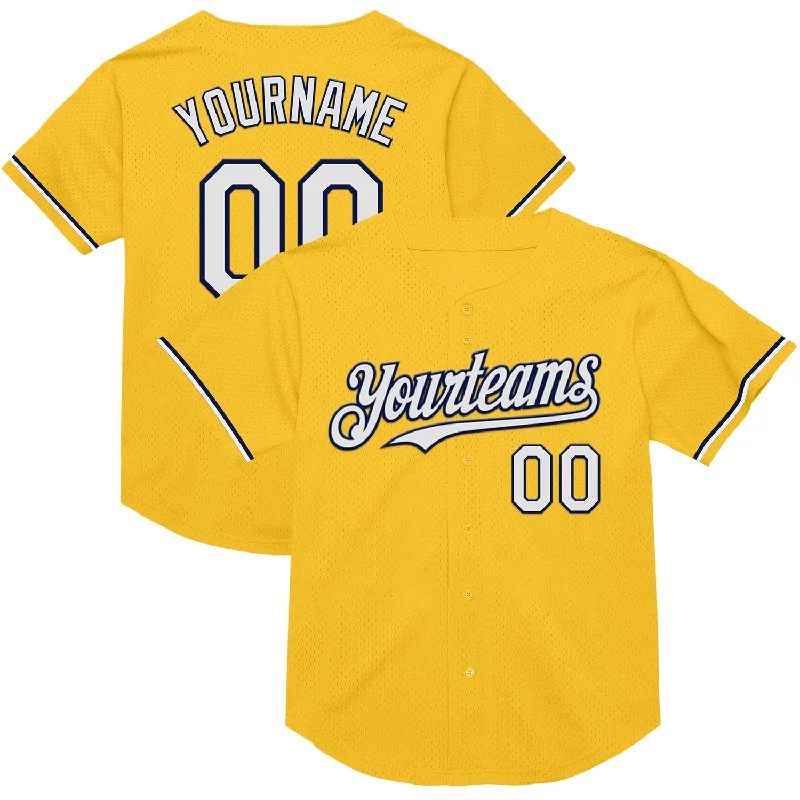 Baseball Jersey for Easy Flexibility and Motion-Custom Gold White-Navy Mesh Authentic Throwback Baseball Jersey