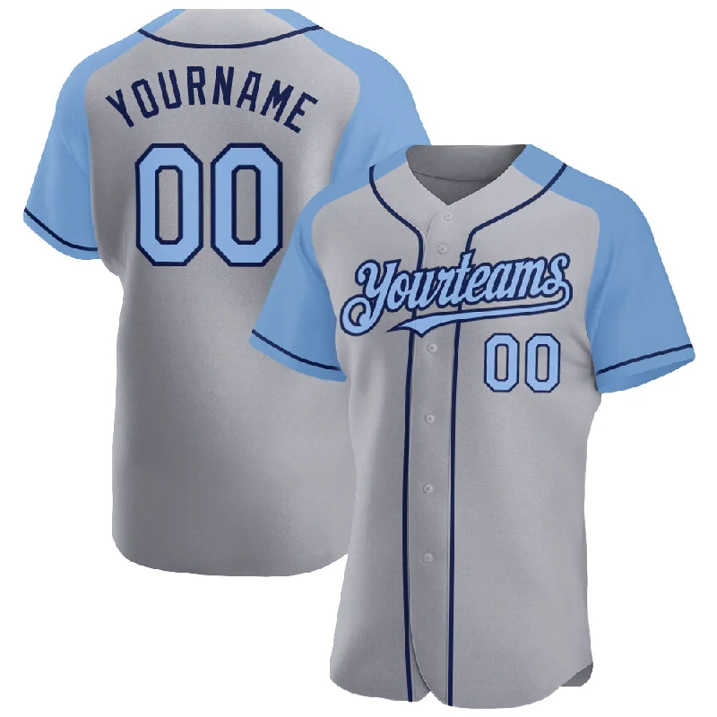 Baseball Jersey for Athletic Performance-Custom Gray Light Blue-Navy Authentic Raglan Sleeves Baseball Jersey