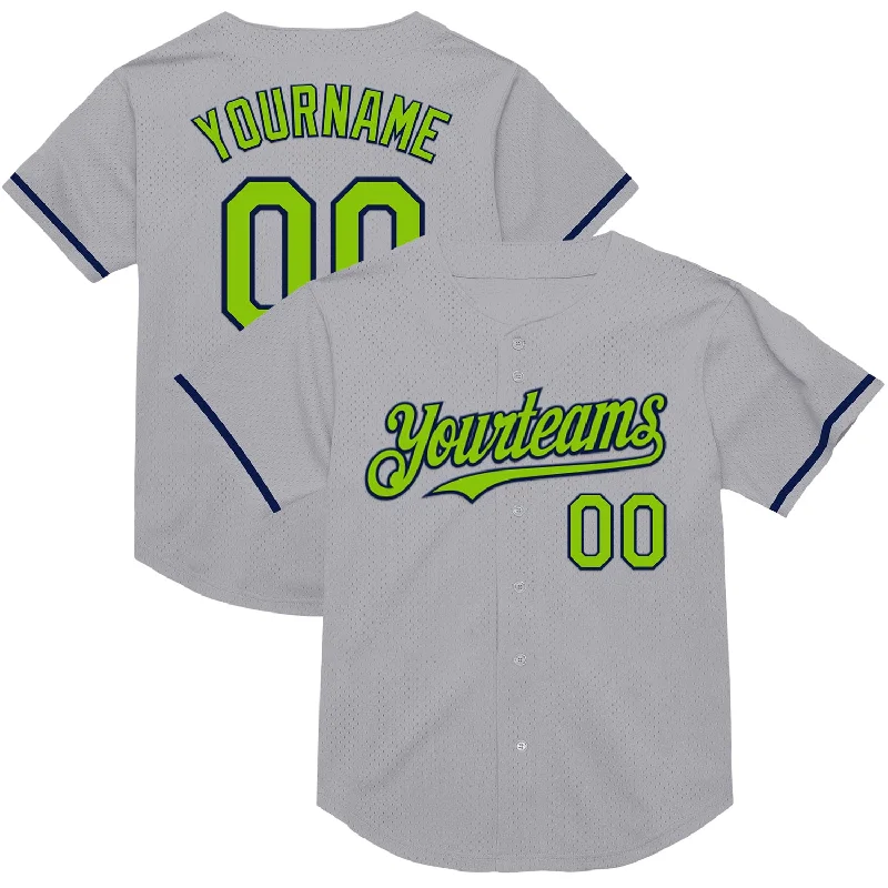 Baseball Jersey for Support and Flexibility-Custom Gray Neon Green-Navy Mesh Authentic Throwback Baseball Jersey