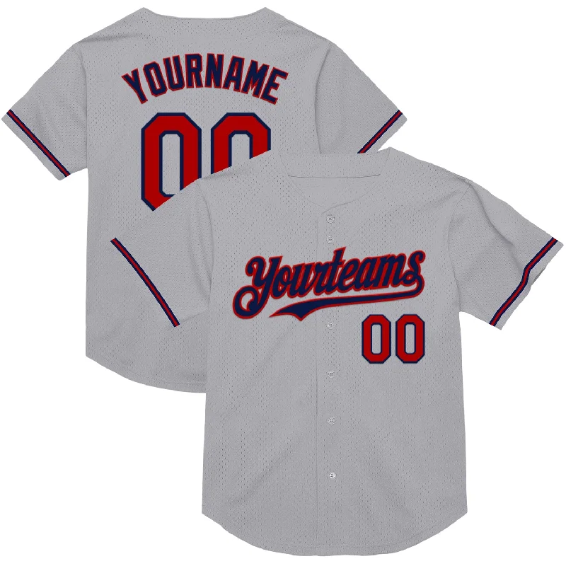 Baseball Jersey for Full Comfort and Durability-Custom Gray Red-Navy Mesh Authentic Throwback Baseball Jersey