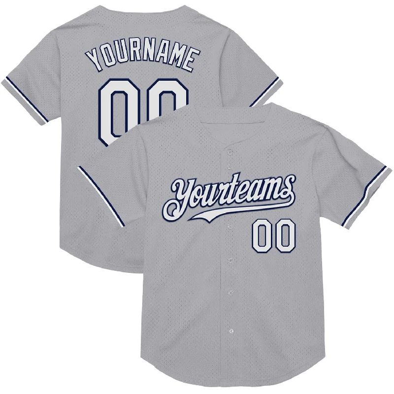 Baseball Jersey for Maximum Performance and Protection-Custom Gray White-Navy Mesh Authentic Throwback Baseball Jersey