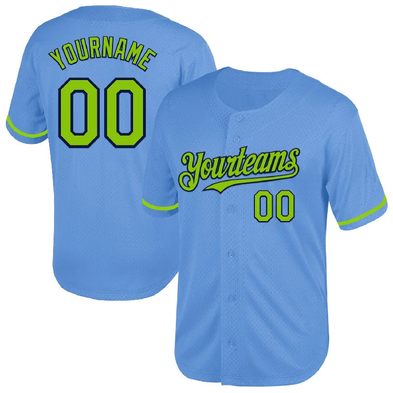 Baseball Jersey for Improved Movement and Performance-Custom Light Blue Neon Green-Navy Mesh Authentic Throwback Baseball Jersey