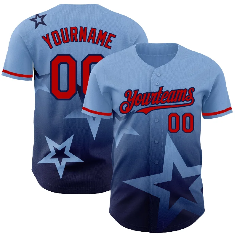 Baseball Jersey for Soft Feel and Flexible Play-Custom Light Blue Red-Navy 3D Pattern Design Gradient Style Twinkle Star Authentic Baseball Jersey