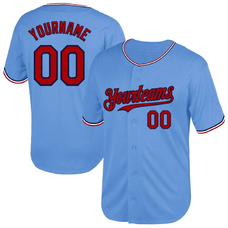 Baseball Jersey for Consistent Comfort During Play-Custom Light Blue Red-Navy Mesh Authentic Throwback Baseball Jersey