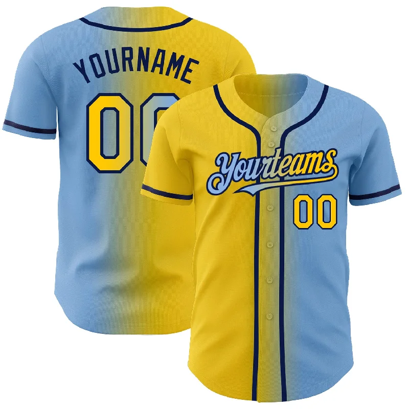 Baseball Jersey with Anti-Wrinkle Fabric for Easy Care-Custom Light Blue Yellow-Navy Authentic Gradient Fashion Baseball Jersey